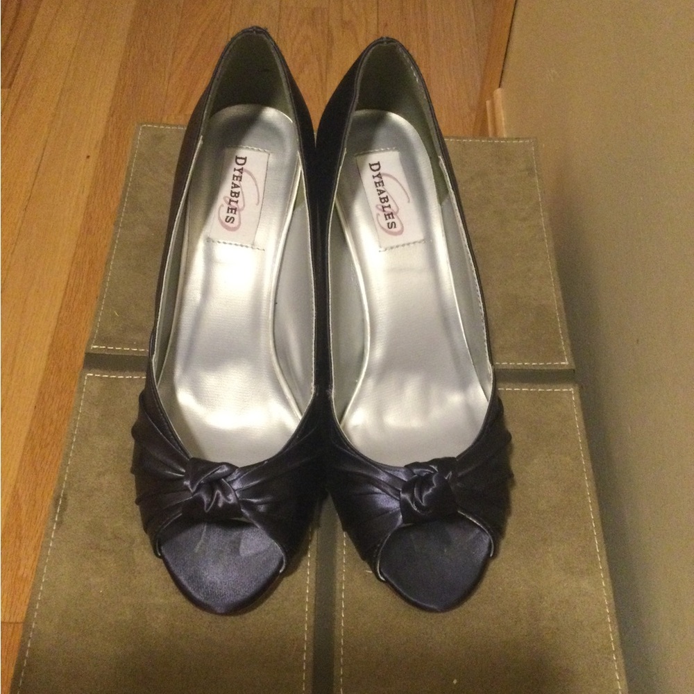navy satin open toe pumps